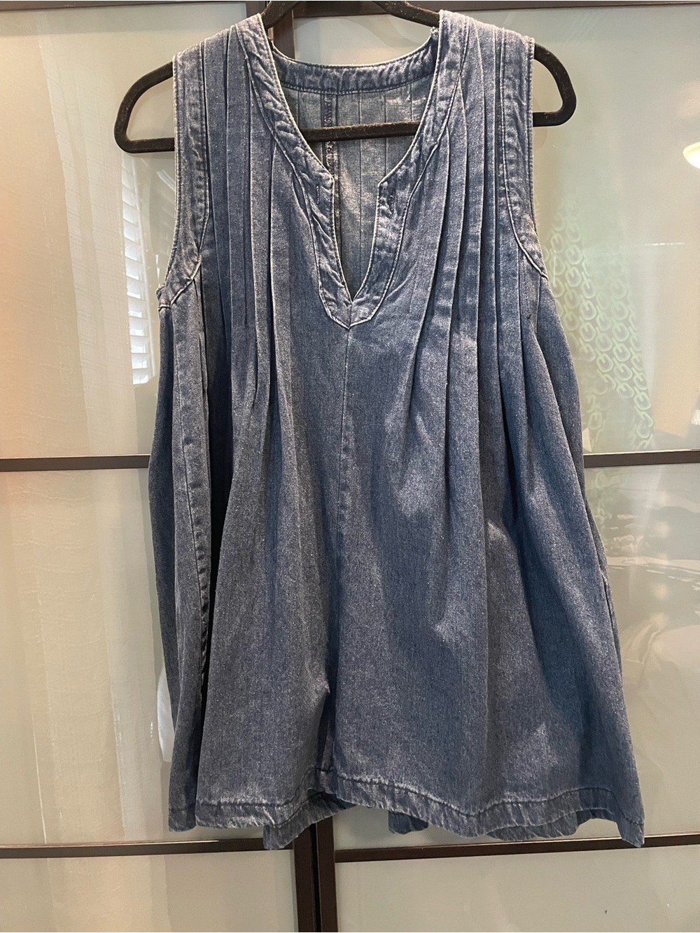 Sleeveless V-Neck Denim Romper Dress - Blue